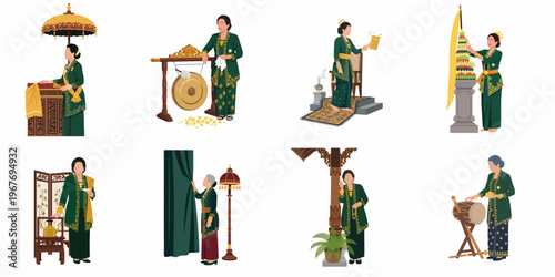 Collection of vector illustrations featuring women in traditional Indonesian Kebaya performing various cultural activities and rituals in a minimalist flat design style.