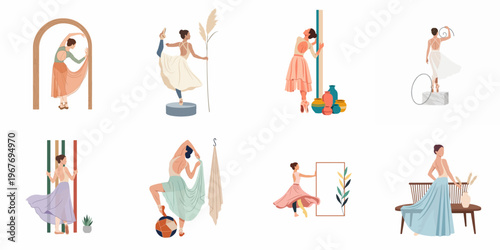 A collection of elegant minimalist illustrations of ballet dancers in various artistic poses with architectural elements and decorative props on a white background.