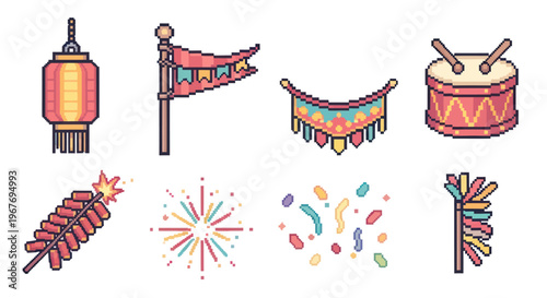 Pixel art set of Chinese New Year festive icons: lantern, flag, drum, firecrackers