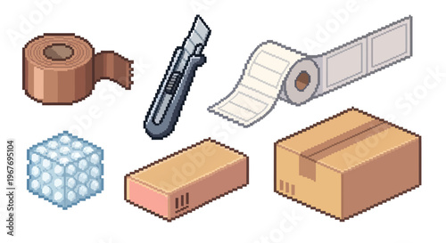 Pixel Art Shipping and Packaging Icons: Box, Tape, Cutter, Labels, Bubble Wrap