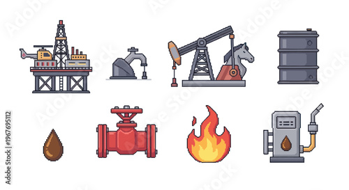 Pixel Art Oil  Gas Industry Icons: Rig, Pumpjack, Barrel, Pump  Energy Elements