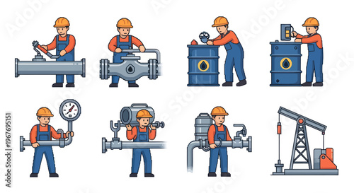 Oil Industry Worker Flat Style Vector Icons Set