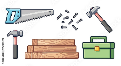 Pixel Art Construction Tools: Saw, Hammer, Nails, Wood, Toolbox