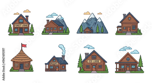Vector Set of Rustic Lodges and Cabins in Flat Design