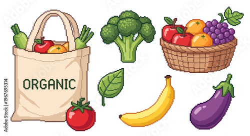 Pixel Art Organic Fruits and Vegetables in a Tote Bag and Basket