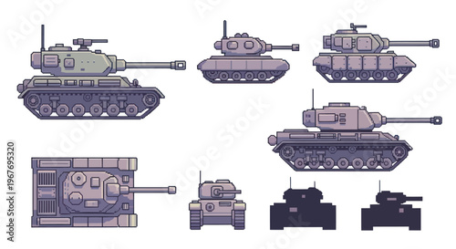 Pixel Art Tanks Set: Military Vehicles Vector Icons