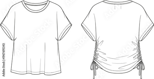 WebTechnical flat sketch of short-sleeved T-shirt with ruched side drawstrings, front and back views, ideal for fashion design, garment construction, and apparel illustration concepts