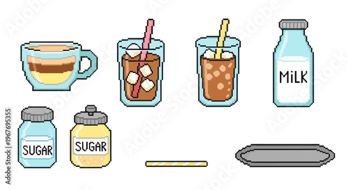 Pixel Art Coffee Cup, Drinks, Sugar Jars, Milk Bottle and Tray