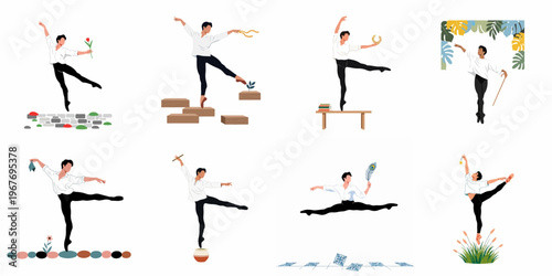 Set of Eight Artistic Illustrations of a Male Ballet Dancer Performing Various Poetic and Surreal Poses in Creative Minimalist Settings