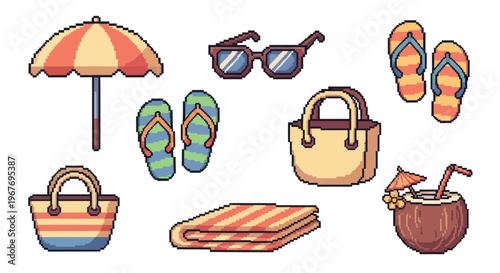 Pixel art summer vacation beach icons set with umbrella, flip-flops, bag, coconut