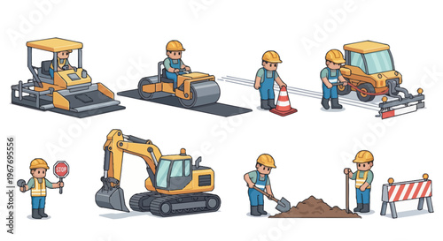 Road construction workers and heavy machinery cartoon vector illustration set