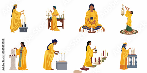 Illustration set of women in gold robes performing spiritual rituals with candles, including lighting altars and meditating, in a flat minimalist style.