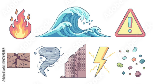 Pixel Art Icons of Natural Disasters and Danger Symbols