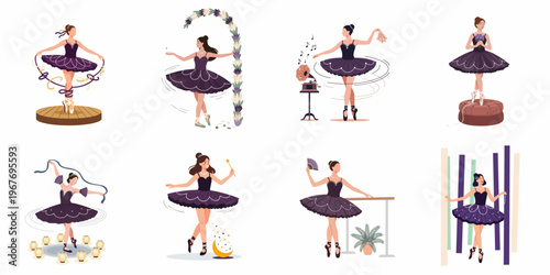 Vector illustrations of elegant ballerinas in purple tutus performing various dance poses and scenes on a white background.