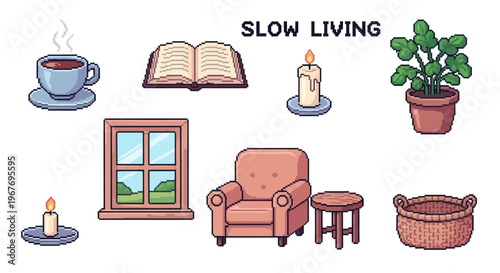 Slow Living Pixel Art Icons Set: Cozy Home Comfort  Lifestyle Elements