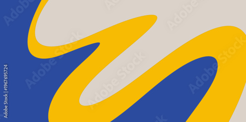 Abstract blue yellow wave background. Simple vector illustration background featuring minimalist blue and yellow organic wave shapes on a neutral grey base for modern graphic design.