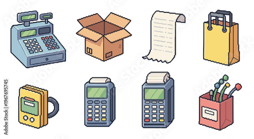 Isometric Pixel Art Retail  E-commerce Icons: Cash Register, POS, Bag, Box, Receipt