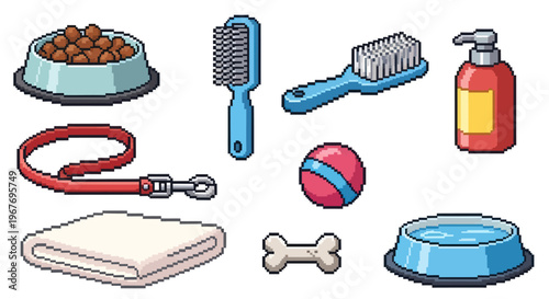 Pet Care Accessories Pixel Art Icons Collection