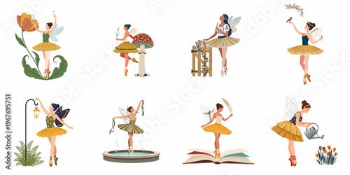 Collection of Whimsical Fairy Ballerina Illustrations in Vintage Style Featuring Magical Scenes with Flowers, Mushrooms, Books, and Nature Elements
