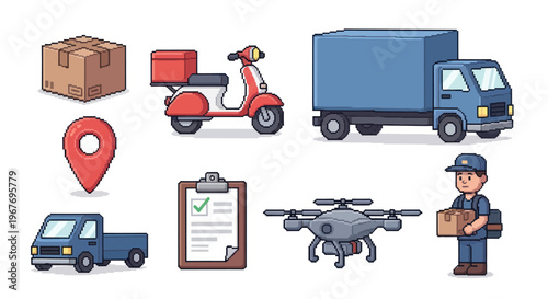 Logistics and Delivery Service Pixel Art Vector Icons Set: Courier, Vehicles, Packages, Location Pin
