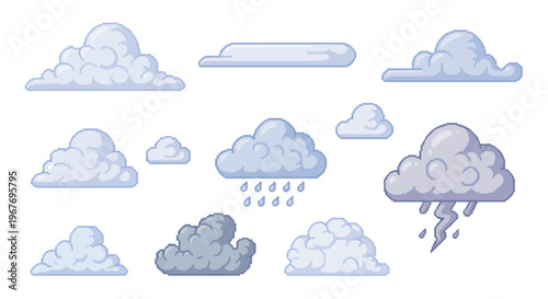 Weather Pixel Art Clouds Set - Retro 8-bit Icons for Forecast and Sky Elements