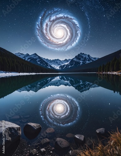 Stunning Night Sky with Spiral Galaxy Reflected in Serene Mountain Lake.