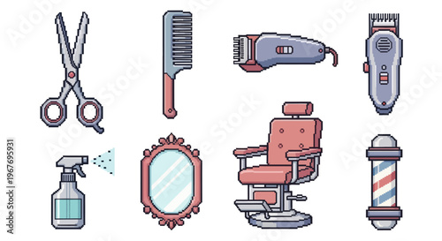 Barbershop Hairdressing Salon Grooming Tools Equipment Pixel Art Icons Set