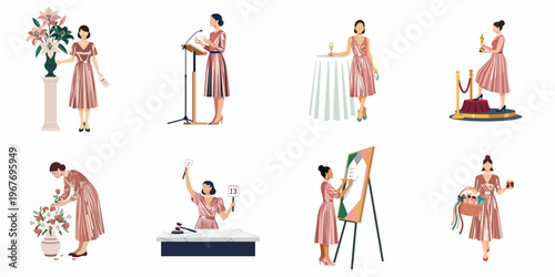 Set of illustrations depicting an elegant woman in a pink dress engaging in various formal social activities, including speaking, hosting, and celebrating.