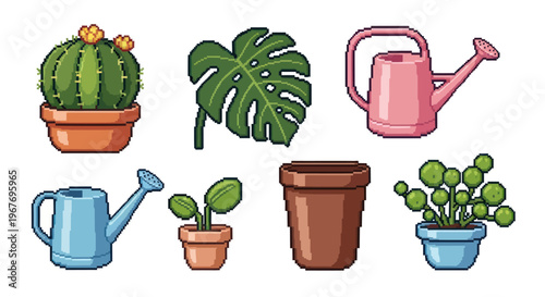 Pixel Art Gardening Tools and Potted Plants Set for Horticulture and Home Decor
