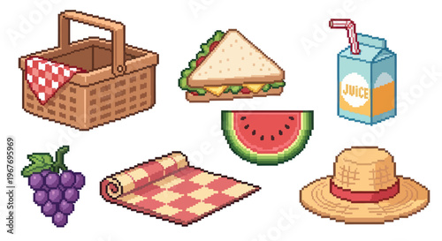 Retro Pixel Art Picnic Collection: Food, Drinks, and Summer Outdoor Leisure Elements