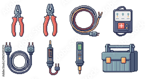 Pixel Art Electrical Tools Icon Set for Electrician or Electronics Design Projects
