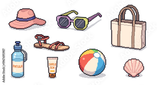 Pixel Art Summer Beach Vacation Essentials. Travel and Leisure Accessories Collection.