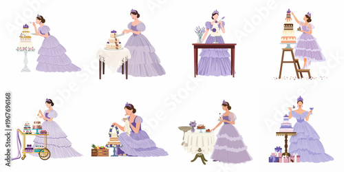 Collection of Elegant Illustrations Featuring a Woman in a Lavender Gown Decorating and Enjoying Various Cakes and Desserts for a Royal Celebration