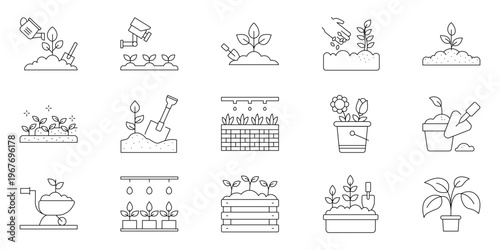 Modern linear vector icons depicting diverse gardening activities, plant cultivation, and various growth stages, ideal for agricultural and home planting concepts
