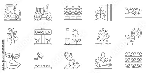 Comprehensive Line Icon Set for Agriculture and Gardening Modern Vector Symbols for Farming, Planting, and Sustainable Growth Activities