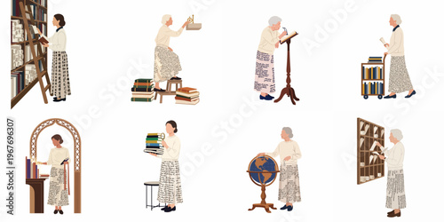 Collection of flat vector illustrations depicting senior women engaged in scholarly activities like reading and researching in a library or archive setting.