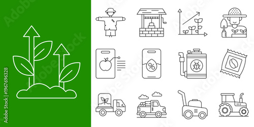 Modern agricultural farming icons set illustrating plant growth, cultivation, and sustainable harvest processes in a clean line art style, perfect for web or print