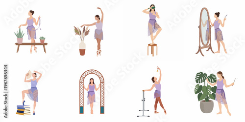 Set of flat vector illustrations of a graceful ballerina in a lilac leotard, featuring various poses and domestic decorative elements.