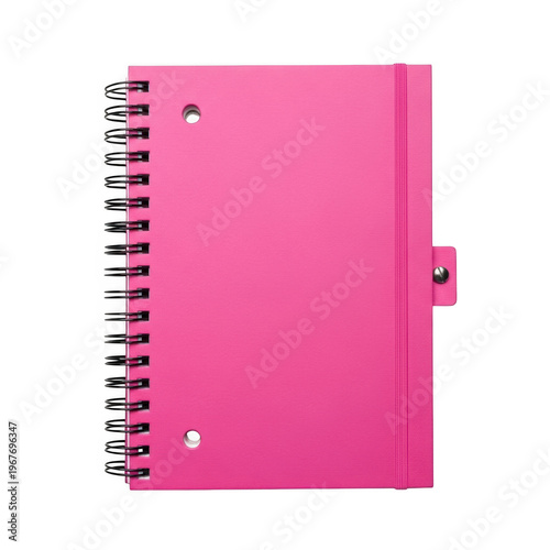 Vibrant Pink Spiral Bound Notebook with Elastic Closure and Metal Snap isolated on transparent background