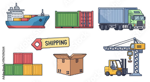 Flat Line Art Shipping Logistics Icons Set. Cargo, Transportation  Freight Elements