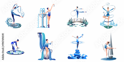 Set of eight illustrations featuring graceful rhythmic gymnasts in blue, performing artistic routines with water-themed props and backgrounds.