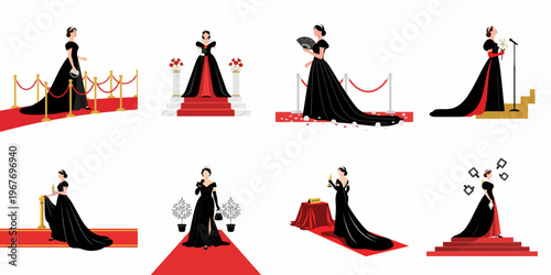 Vector illustration collection of an elegant woman in a black and red evening gown at a glamorous red carpet event and awards ceremony.