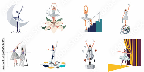 Collection of elegant ballerina illustrations in surreal and symbolic scenes including moon, flowers, gears, and stage settings for creative projects.