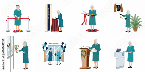 Illustration set of a queen-like figure in a green suit performing royal duties including opening ceremonies, hospital visits, and giving public speeches.
