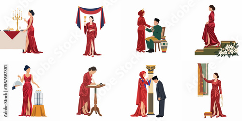 A collection of flat vector illustrations showcasing a woman in a red evening gown participating in royal ceremonies, formal banquets, and cultural events.