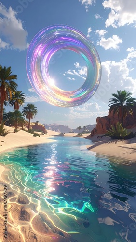 Vibrant Oasis with Reflective Water and Ethereal Ring in a Desert Landscape.
