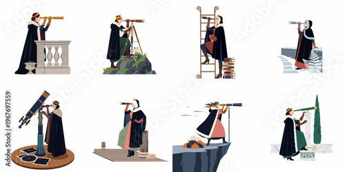 Collection of flat illustrations depicting a queen using a telescope in various settings, representing foresight, leadership, exploration, and a strategic outlook for the future.