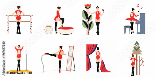 Collection of minimalist flat illustrations featuring a ballerina in a red leotard practicing, stretching, and performing in various settings.