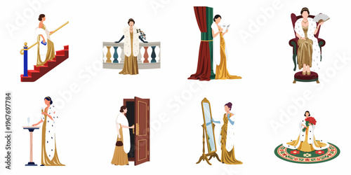 Elegant vintage woman in gold evening gown and fur stole at high society events collection