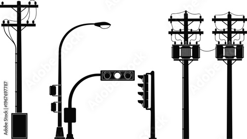 WebSilhouettes of utility poles, streetlights, and traffic signals with transformers, insulators, and electrical equipment representing essential urban infrastructure and power distribution systems
